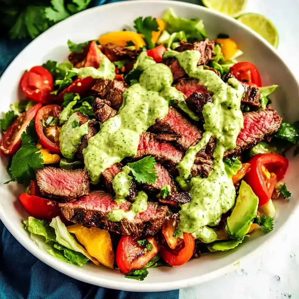 Steak Fajita Salad with Cilantro Avocado Dressing delights cravings!