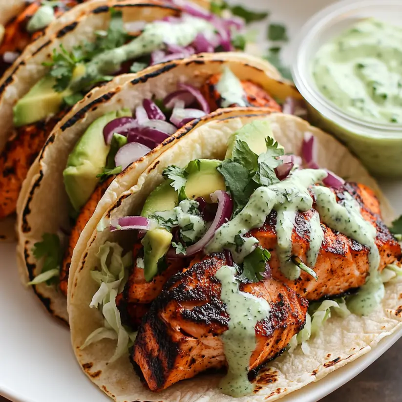 Blackened Salmon Tacos with Avocado Crema Delight You!