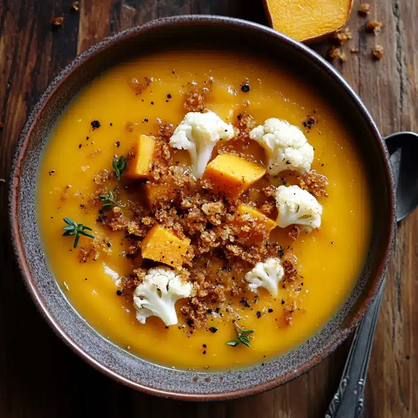 Butternut Squash and Sweet Potato Soup with Crispy Cauliflower Crumbles for a Cozy Dinner Delight!