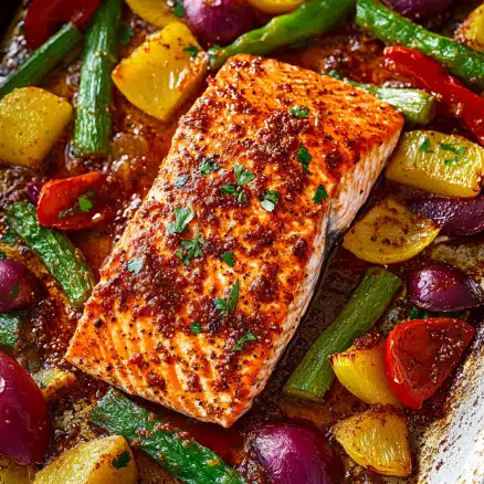 Sheet Pan Chili Dijon Salmon with Vegetables Made Easy!