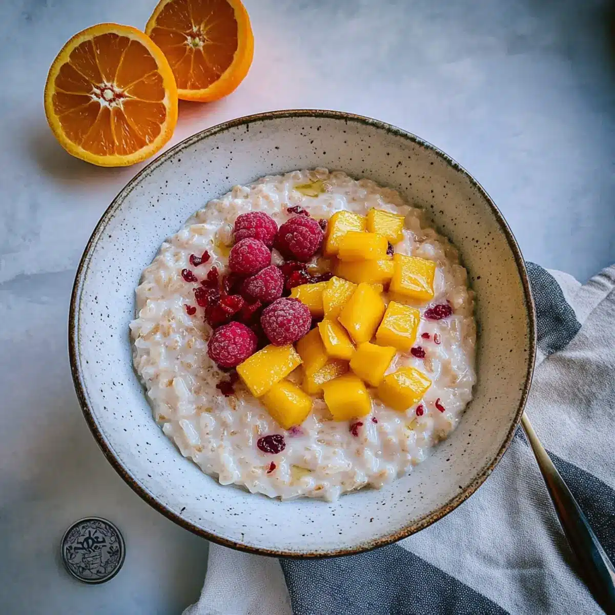 Creamy Coconut Rice Pudding with Mango Bliss and Honey