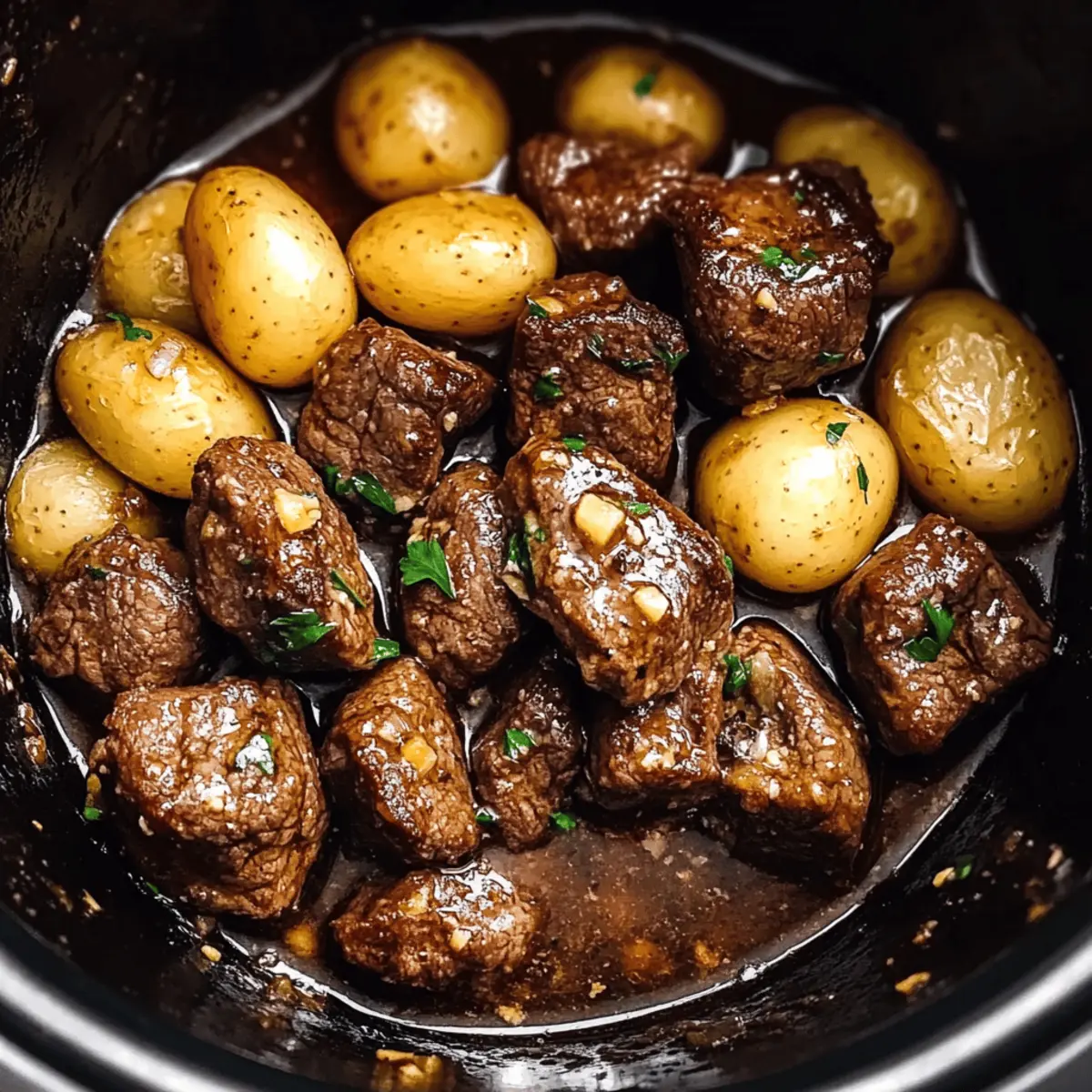 Slow Cooker Garlic Butter Beef Bites with Potatoes