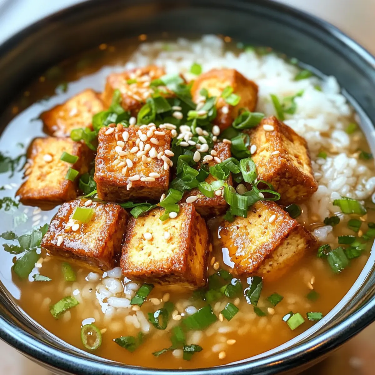 Ginger Miso Brothy Soup with Crispy Shredded Sesame Tofu Delight