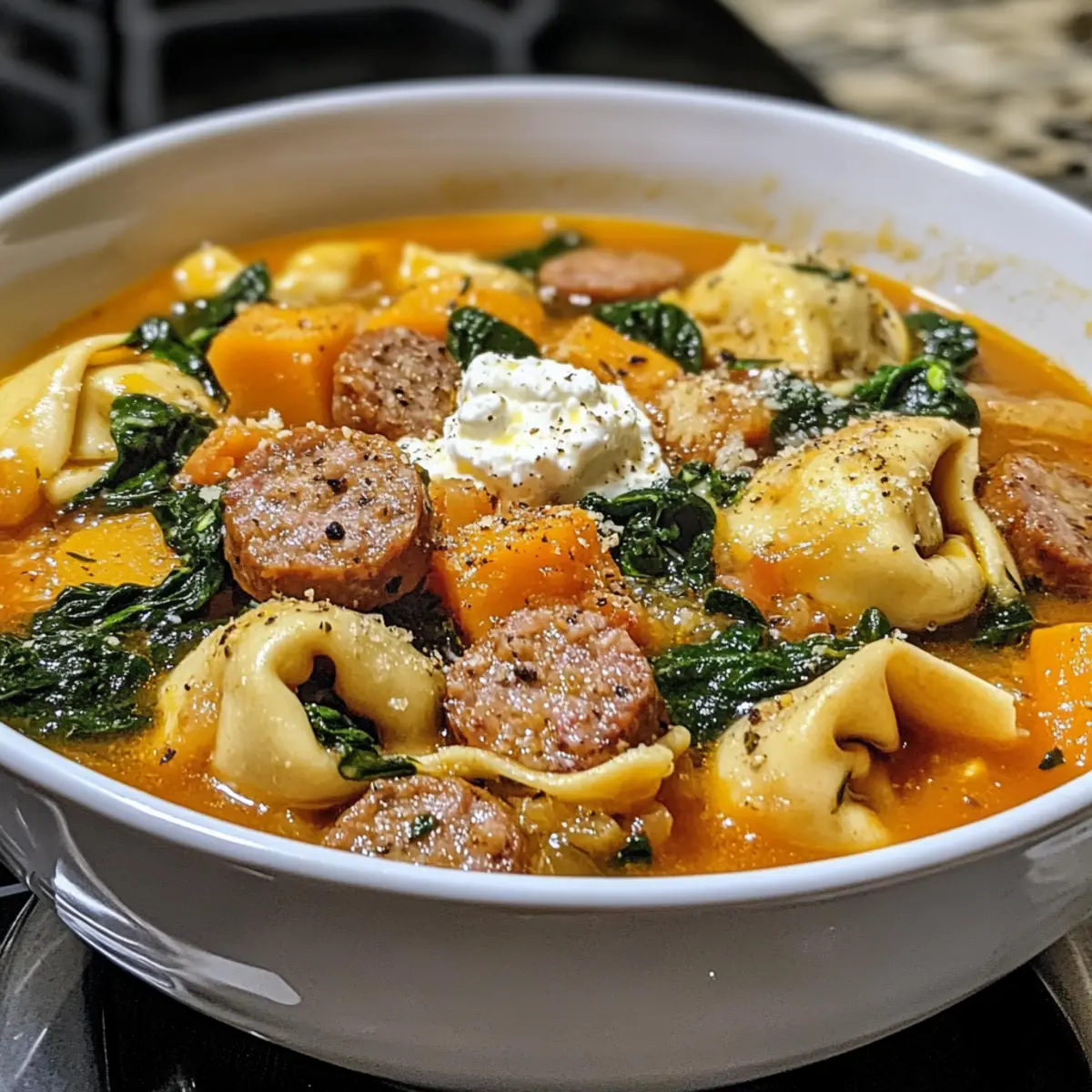Butternut Squash Sausage Tortellini Soup With Sage Cheese Swirl