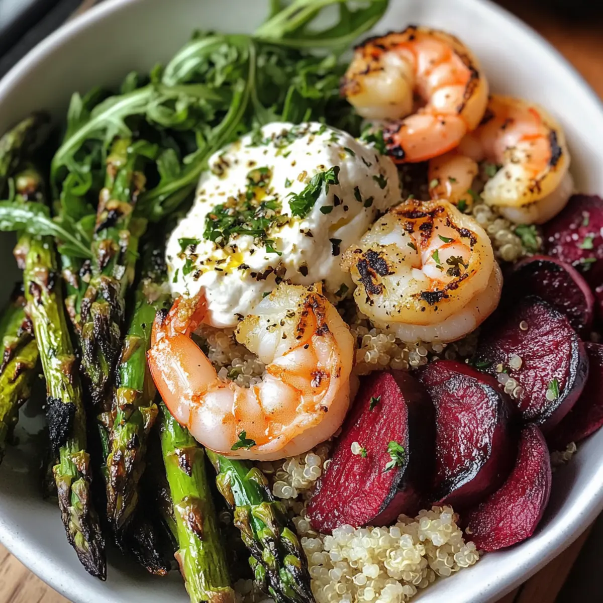 Grilled Asparagus, Shrimp, and Burrata Quinoa Salad Bliss