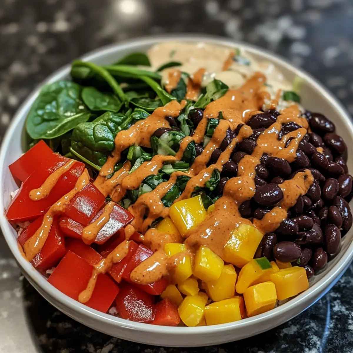 Delicious Black Bean Nourish Bowl with Creamy Ginger Sriracha Dressing